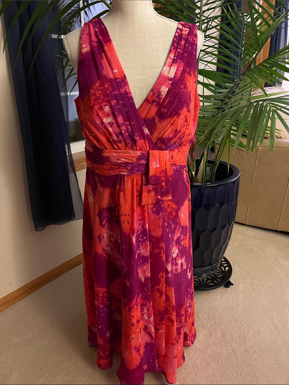 Sleeveless V-Neck Midi Wrap Dress in Red-Pink Abstract Print